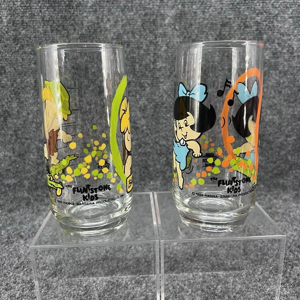1986 Pizza Hut Flintstone Kids Glasses Barney & Betty Hanna-Barbera Set Of 2